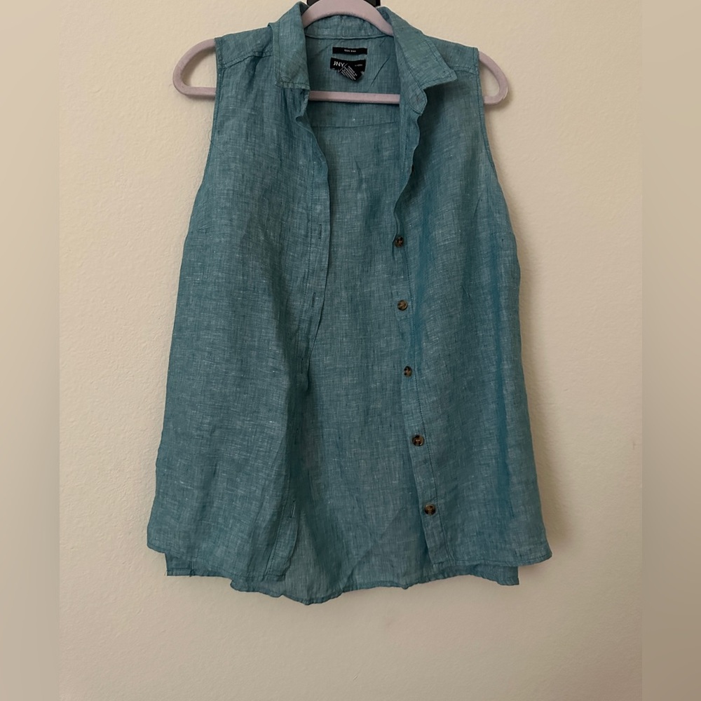 Jones New York JNY 100% Linen Blue Sleeveless Button Down Top Shirt M